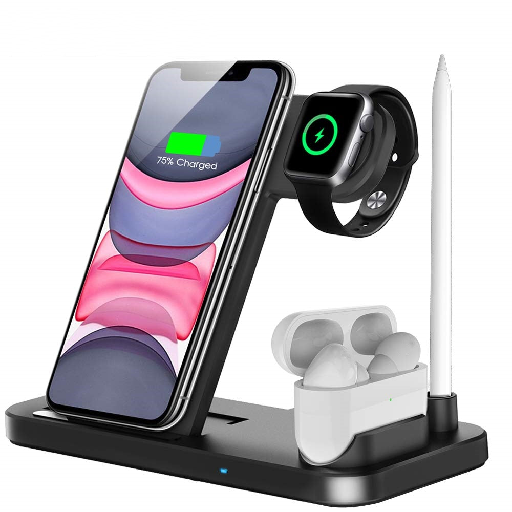 15W Qi Fast Wireless Charger Stand for iPhone, Apple Watch, AirPods Pro - 4-in-1 Foldable Charging Station with USB Cable