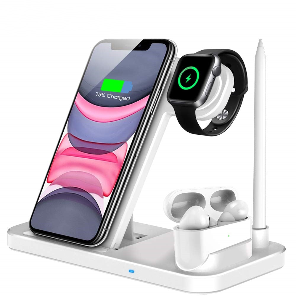 15W Qi Fast Wireless Charger Stand for iPhone, Apple Watch, AirPods Pro - 4-in-1 Foldable Charging Station with USB Cable