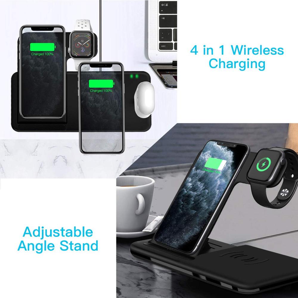 15W Qi Fast Wireless Charger Stand for iPhone, Apple Watch, AirPods Pro - 4-in-1 Foldable Charging Station with USB Cable