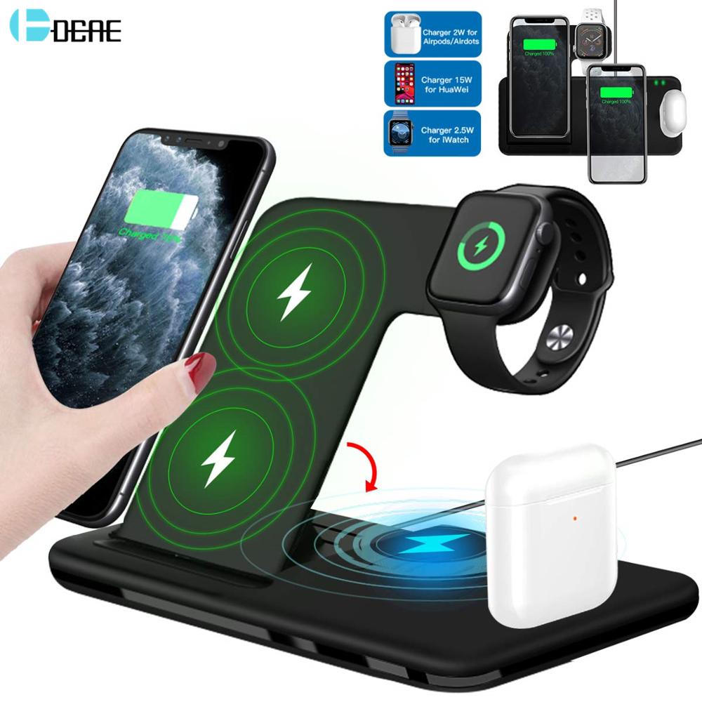 15W Qi Fast Wireless Charger Stand for iPhone, Apple Watch, AirPods Pro - 4-in-1 Foldable Charging Station with USB Cable