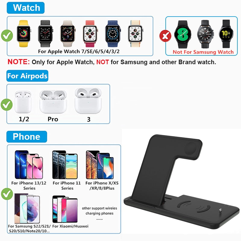 15W Qi Fast Wireless Charger Stand for iPhone, Apple Watch, AirPods Pro - 4-in-1 Foldable Charging Station with USB Cable